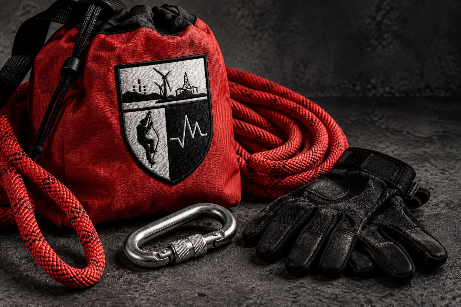 Symbolbild: rote Seiltasche mit Vereinswappen, Seil, Karabiner und Handschuhen